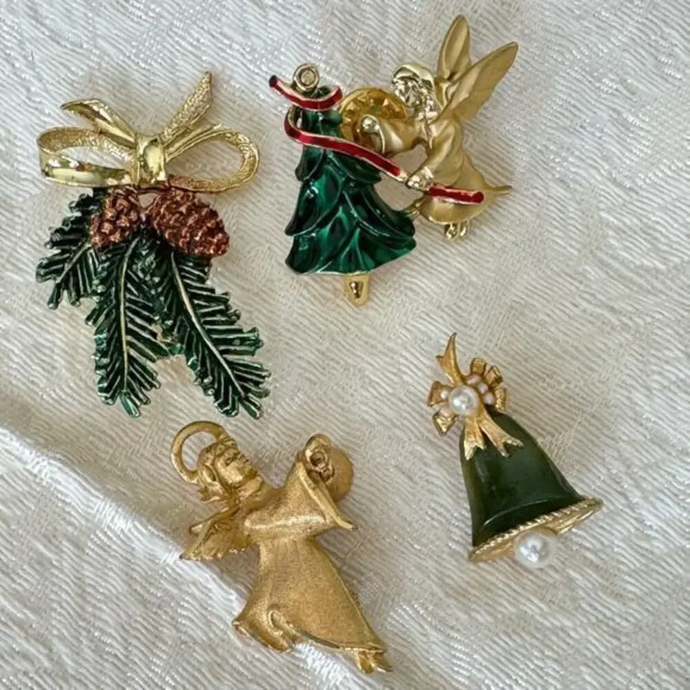 Lot of 4 Gold Enamel Christmas Brooches Pin Signed Vintage Jewelry Angels 1990s